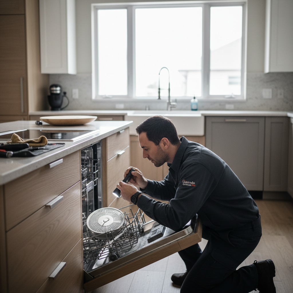 Technician repairing premium Miele dishwasher