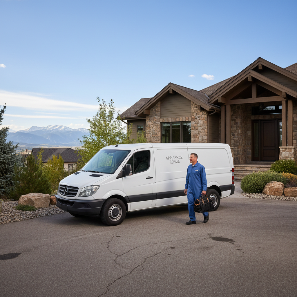 Professional appliance repair van at upscale Colorado home