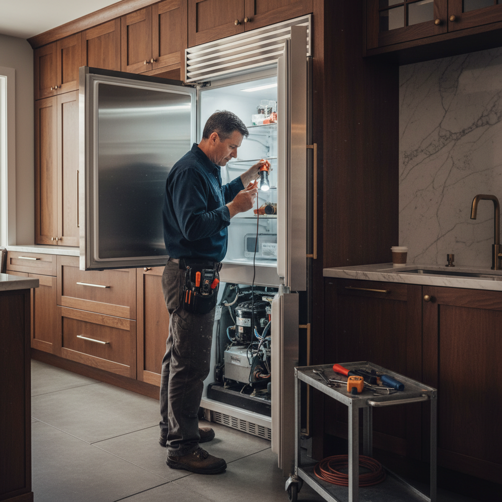 Technician repairing Sub-Zero built-in refrigerator